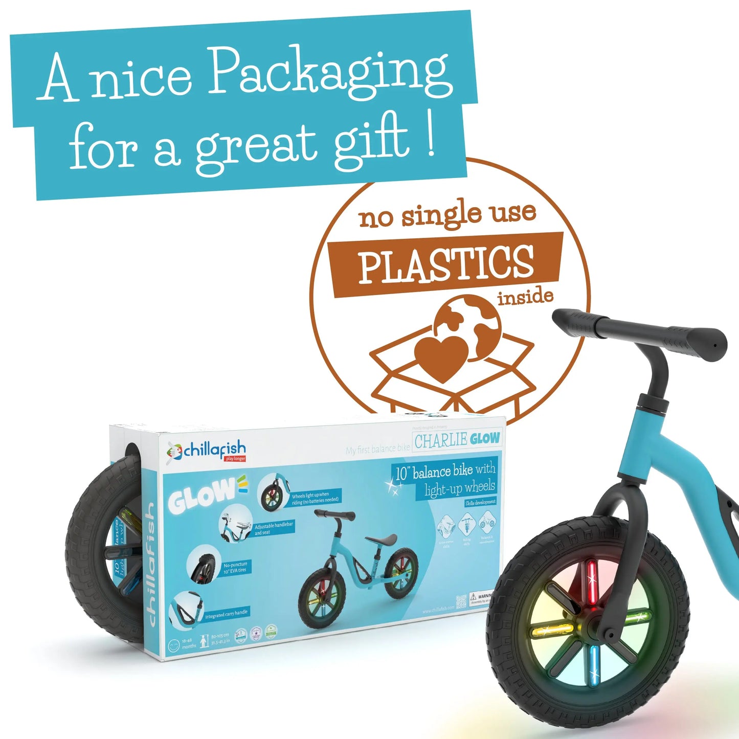 Charlie GLOW - 10" balance bike with light-up wheels CHILLAFISH - Play Longer