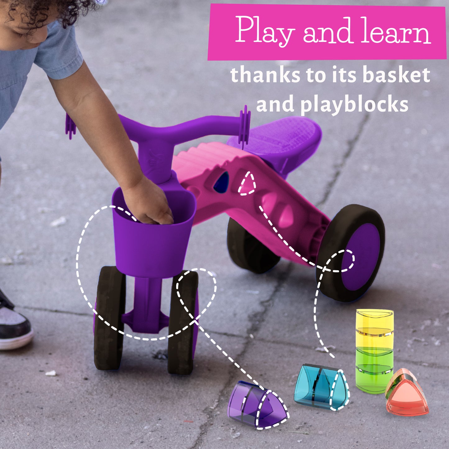 ItsiBitsi Blocks ride-on with storage basket and play blocks that fit in frame