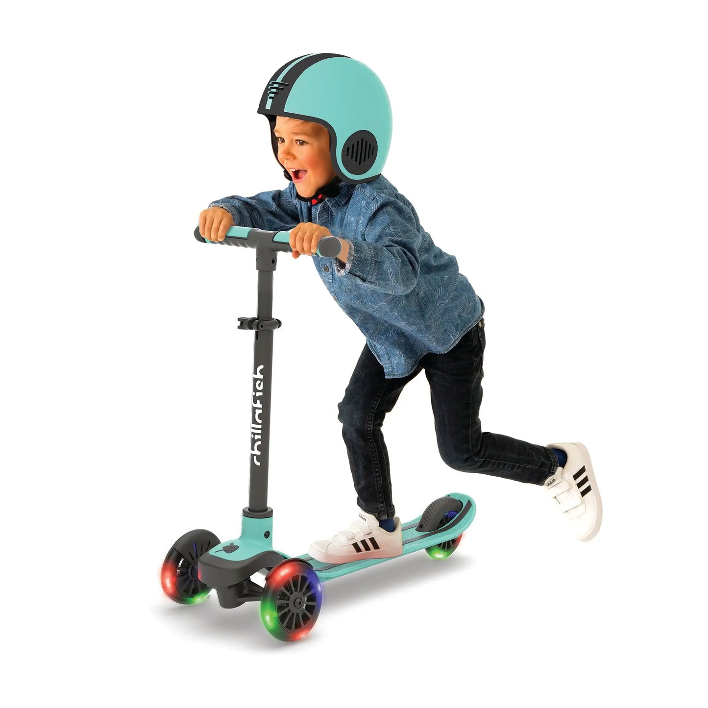 Scotti GLOW - 3-wheel lean-to-steer scooter with light-up wheels and twin-tip deck CHILLAFISH - Play Longer