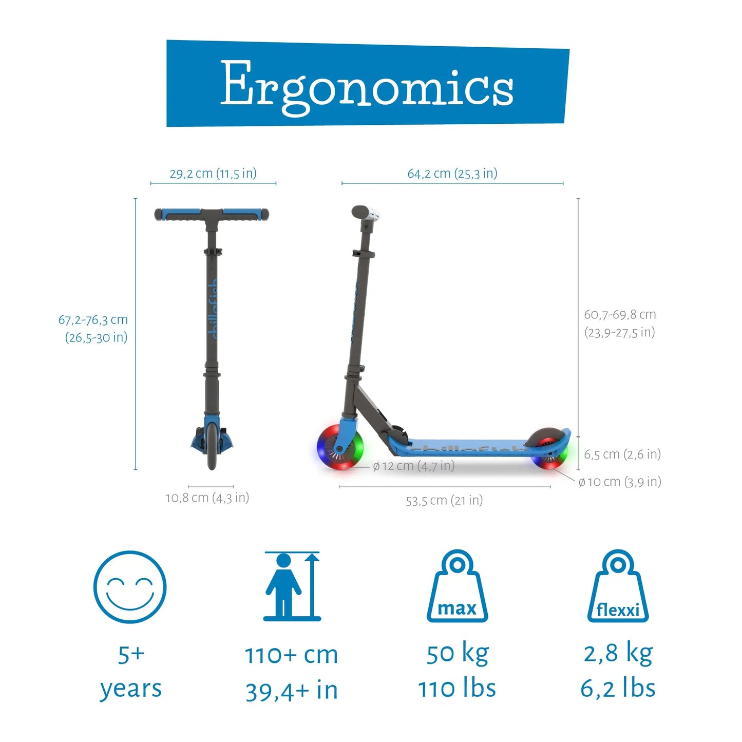 Flexxi GLOW - foldable scooter with integrated brake and GLOW wheels CHILLAFISH - Play Longer