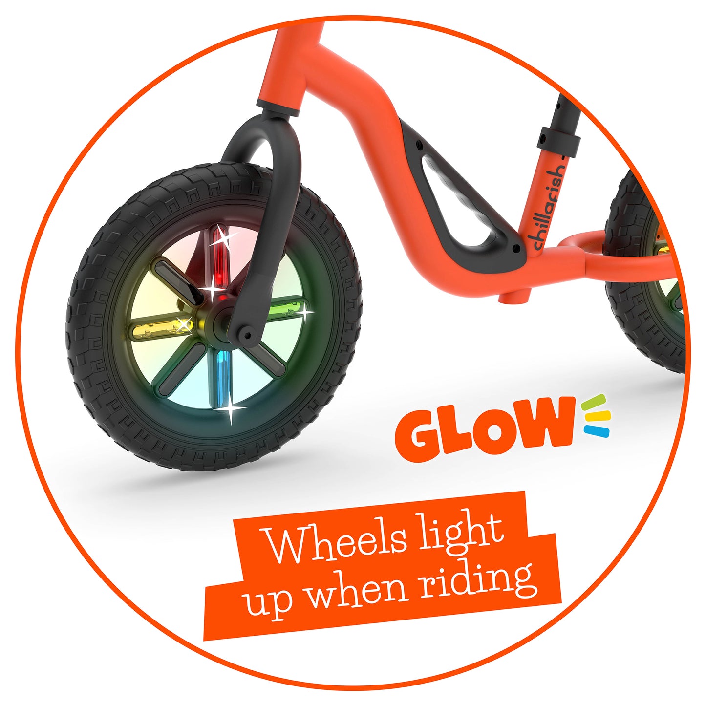 Draisienne Charlie GLOW avec des roues lumineuses LED, une poignée de transport, et des pneus de 10 pouces anti-crevaison