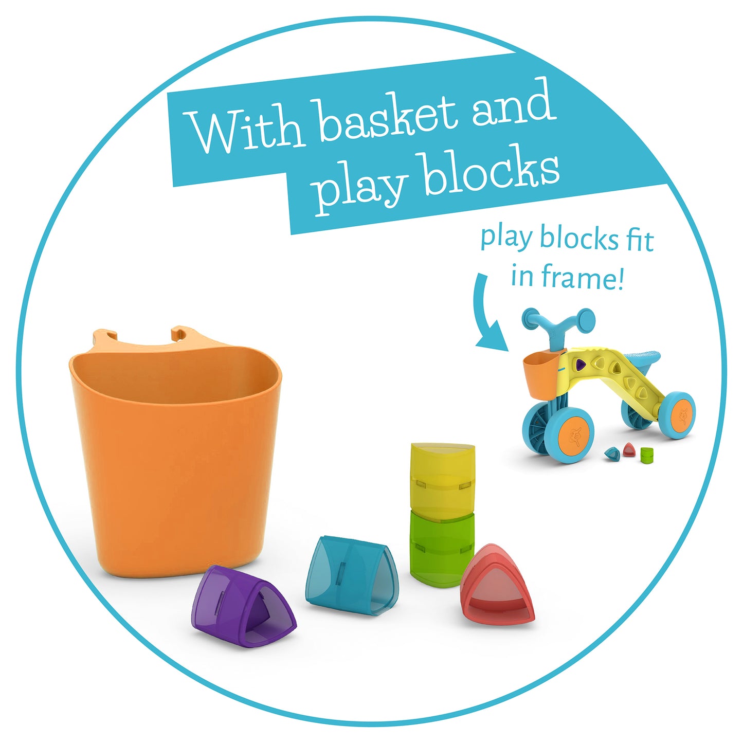 ItsiBitsi-Blocks, Laufrad mit Aufbewahrungskorb und Spielblöcken, die in den Rahmen passen, personnalisier deinen Rahmen, für Kinder von 1 bis 3 Jahren