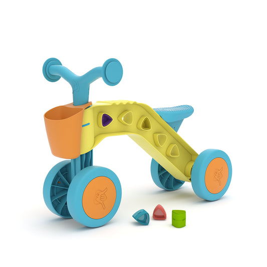 Chillafish Itsibitsi Blocks eerste vierwieler met mandje en speelblokjes in het frame voor personalisering en het oefenen van de fijne motoriek. Voor kinderen van 1-3 jaar.